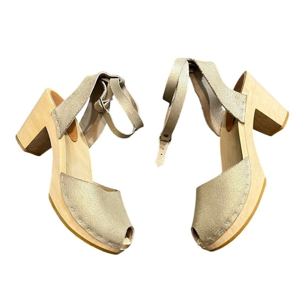 Bryr Peep Toe Clog Women 40 US 10 Metallic‎ Suede Ankle Strap Wooden Block Heel